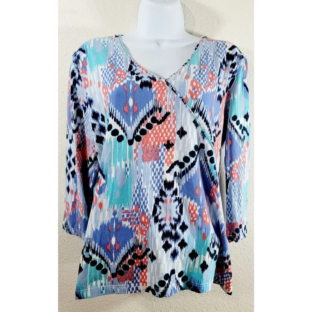Ruby Rd. Blue White Orange Abstract Print V Neck Top Large Lightweight Soft